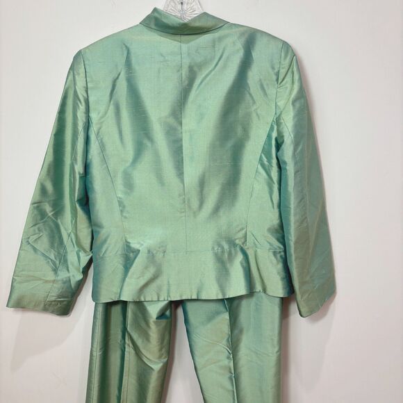 VTG Ann Taylor Iridescent Green Silk Sateen Pants Suit Womens 12P Church Easter - Picture 3 of 16